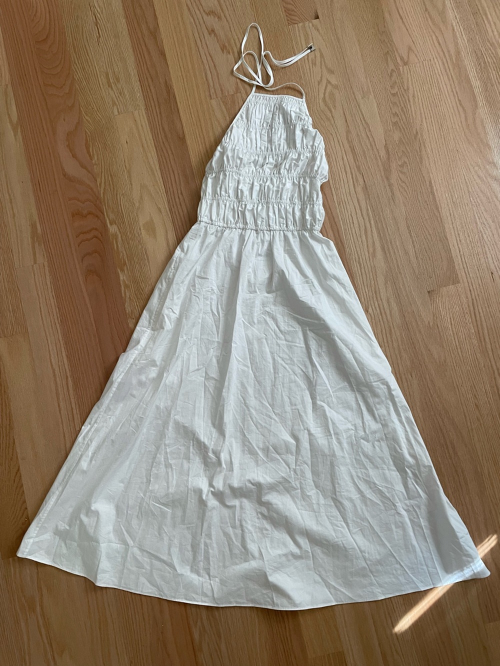 Solid and striped White Halter Maxi Dress with Smocked Bodice